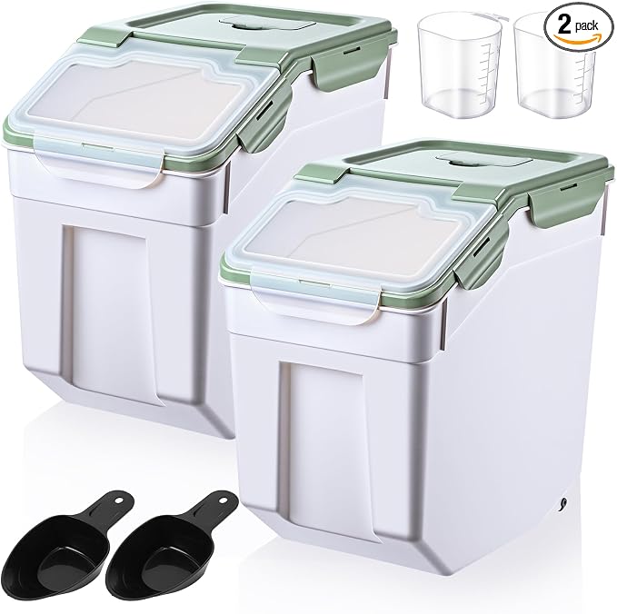 Sunnyray 2 Pcs 55 lbs Grain Rice Storage Container Flour Bin with Wheels Cup Leak Proof Pet Food Storage Boxes Seal Locking Lid Plastic Rice Containers Set for Cereal Flour Cat Dog Food (Green)