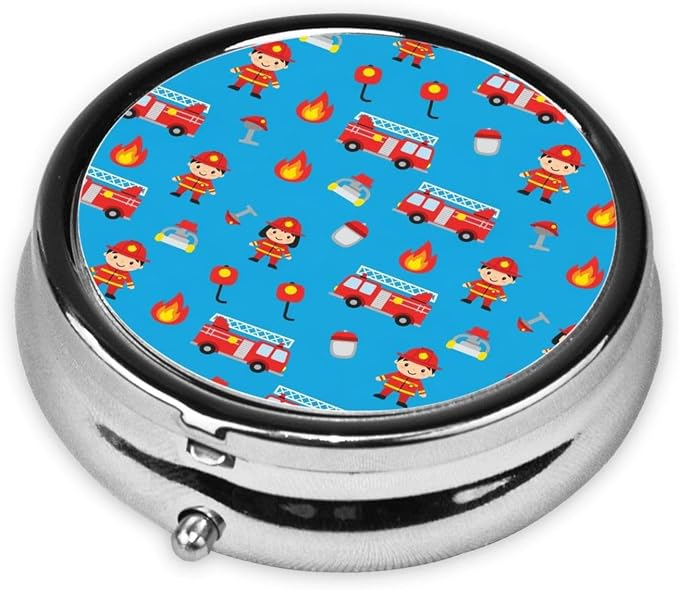 Small Pill Organizer, Round Metal Dispenser, Portable Case for Fish Oil, Travel Pill Box Purse Essential, Cute Red Fire Truck Blue