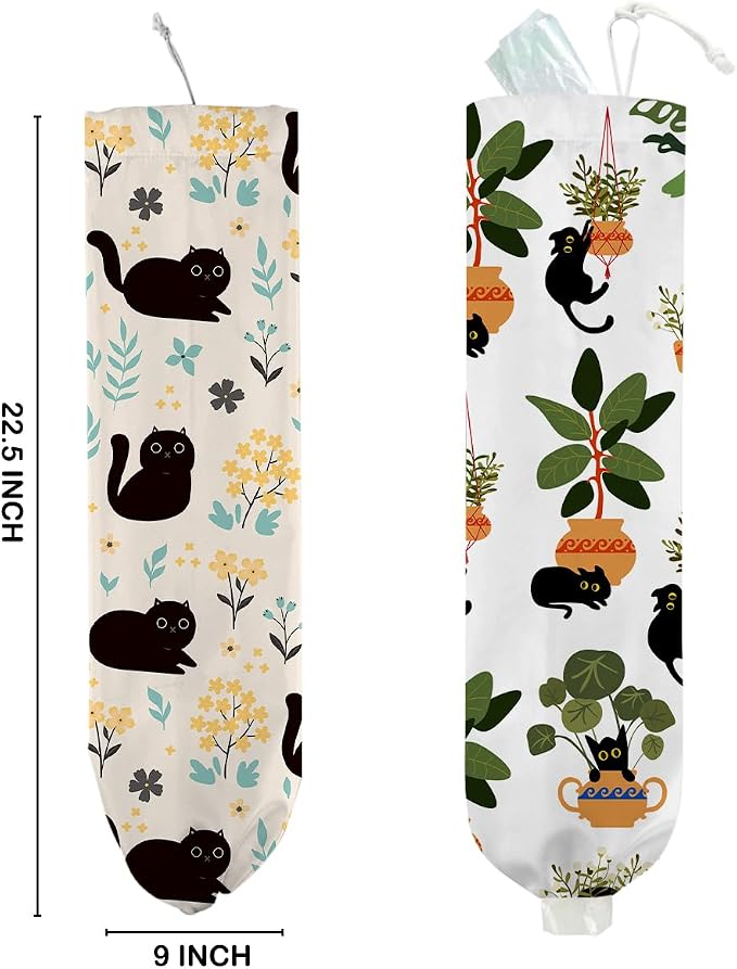 2Pcs Cute Cat Plastic Bag Holder, Vintage Floral Greenery Plastic Bag Holders for Grocery Bags, Washable Grocery Bags Storage Dispenser for Home Kitchen Pantry Decor, Cat Lover Gifts for Women
