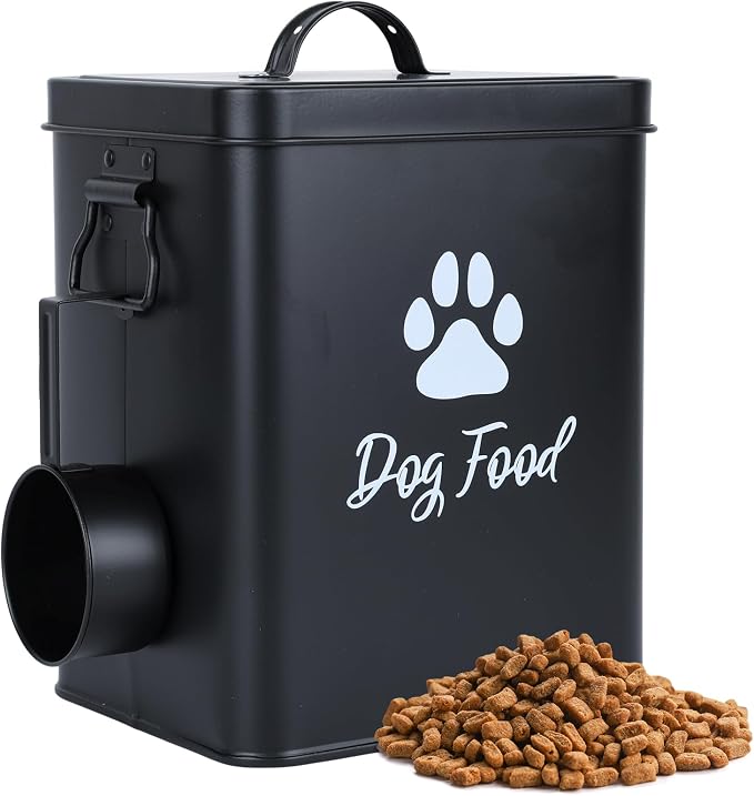 Dog Food Container 6.6lb, Cute Airtight Pet Treat Storage Containers with Metal Lid Scoop, Metal Storage Bin for Dog/Cat Durable Airtight Great Gift for Pet Owners-Black