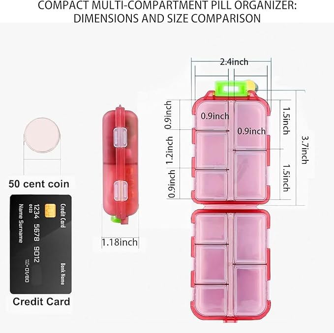 Pill Organizer with 161 Medicine Labels, Daily Travel Pill Case (Grey) | Compact 10-compartment pill case and pill box with 161 medicine labels for 7-day planning, vitamins, supplements, and travel