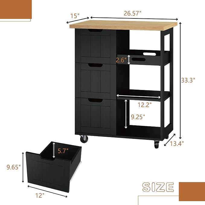 JY QAQA 26" Kitchen Island on Wheels with Storage Cabinet Kitchen Cart Cabinet with Shelves, Cart Handle for Towel Rack or Free Mobility, Portable Islands for Kitchen,Black