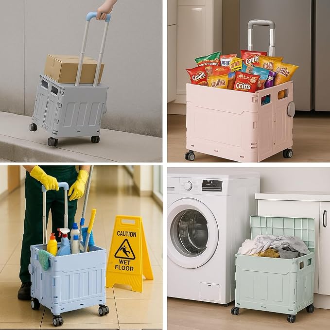 Foldable Utility Cart, Portable Rolling Crate with 360° Rotating Wheels, Detachable Lid,Telescoping Handle, Collapsible Trolley for Travel, Office, Grocery, and Storage (Extra Large Gray)