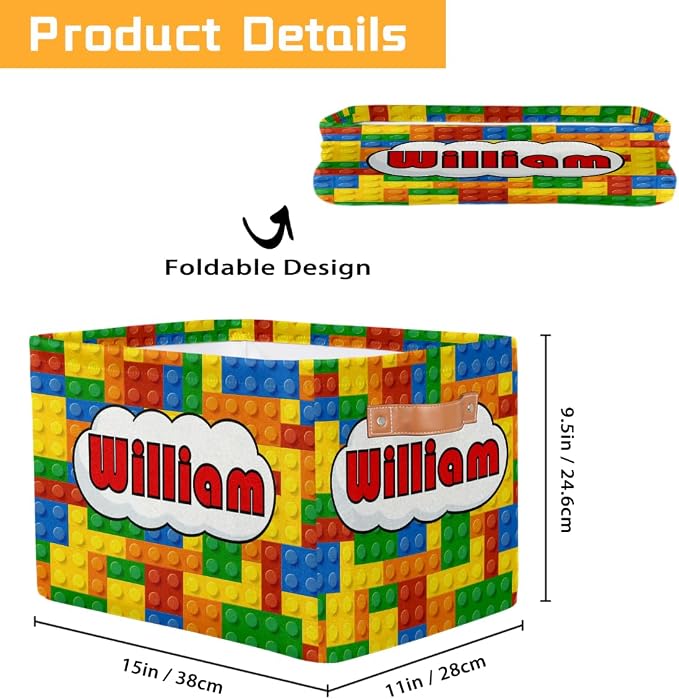 Personalized Rectangle Storage Basket with Handles, Custom Name Cube Organizer Bins for Shelves Collapsible Toys Storage Box Clothes Baskets for Nursery Home Kids Room(Colorful Building Blocks)