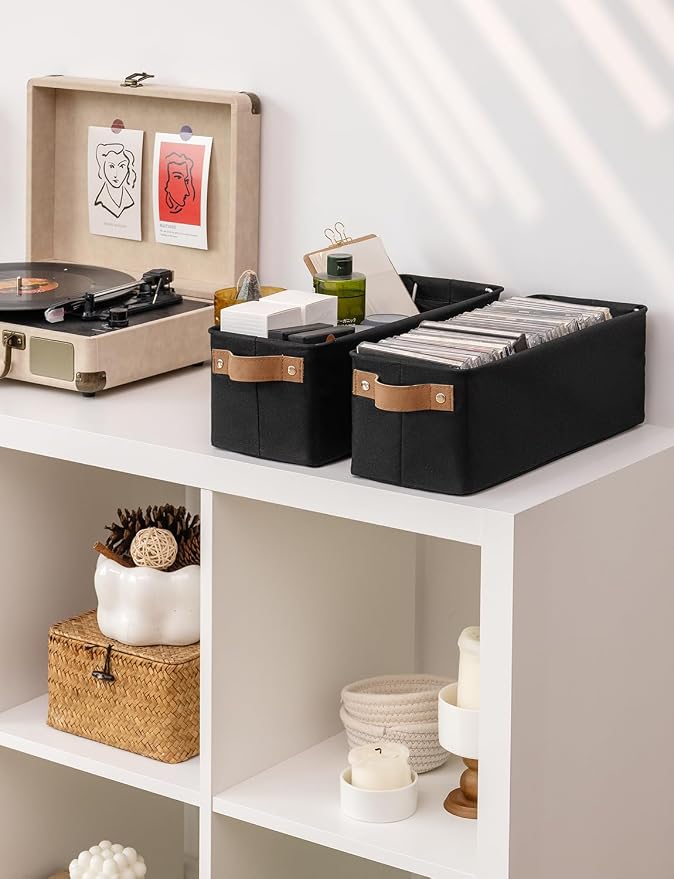 StorageWorks Narrow Storage Bins, Toilet Paper Storage, Black, 2-Pack | With Metal Frame, Reinforced PU Handles, Sturdy Structure, For Bathroom, Closet, Shelf, Storage Makeup, Socks, Underwear