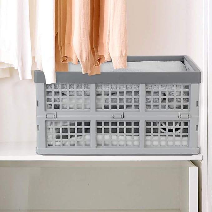 34 L Plastic Collapsible Milk Storage Crates Baskets, 2-Pack, Grey | Foldable Stackable Storage Container Crate