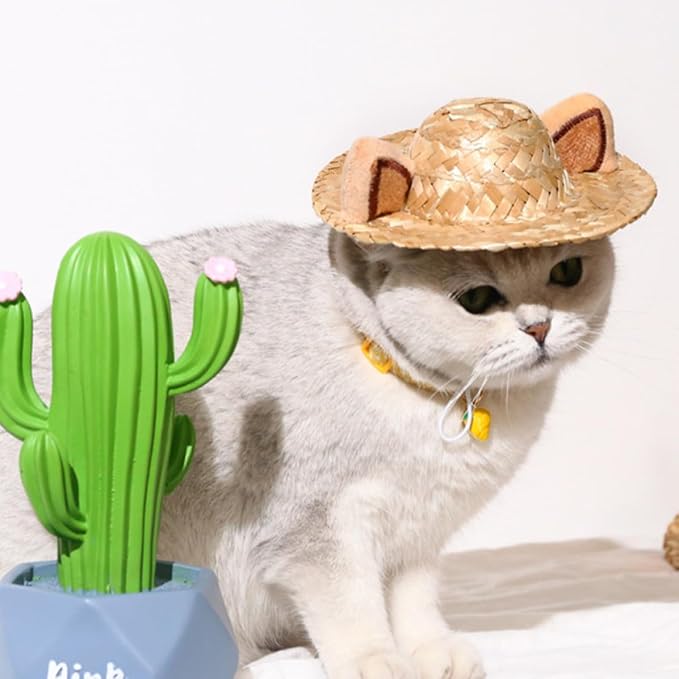 Adorable Summer Cat Hat with Ear Design, Straw, 13cm | Decorative Pet Headwear for Cats, Khaki Creative Style, Safe Comfortable Fit, Halloween Party or Holiday Use