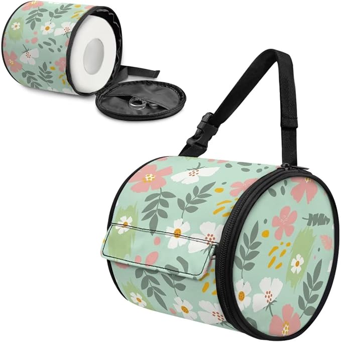 Green Leaf Floral Paper Towel Holder Water Resistant Tissue Dispenser with Adjustable Strap, Collapsible Zippered Cylinder Hanging Toilet Paper Roll Holder
