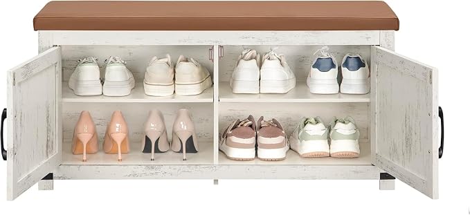 Hzuaneri 39.4" Shoe Storage Bench, with Soft Padded Seat Cushion & Doors | 2 Tier Entryway Storage Bench with Adjustable Shelf, Farmhouse Shoe Cabinet for Living room, Bedroom, Antique White SB26614KA