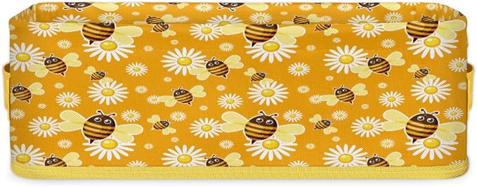 Bee Daisy Cartoon Bathroom Storage Basket, Foldable with Handle Open Countertop Paper Towel Decorative Box, Toilet Tank Top Shelf Baskets for Home Closet Bedroom Living Room Office