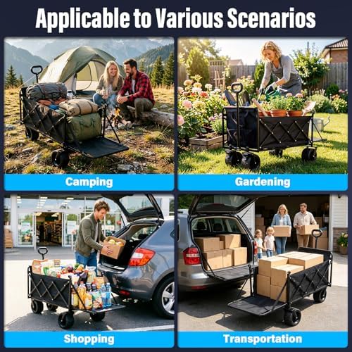 Collapsible Wagon Cart, Folding Cart with 600LBS Capacity, Black | All-Terrain Wheels & Built-In Brakes, Heavy Duty Utility Wagon for Grocery Camping Garden Shopping Sports