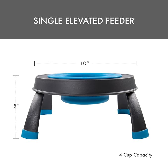Dexas Pets Elevated Pet Feeder, Large, 4 Cup Capacity, Pro Blue, Raised Pet Food and Water Bowl