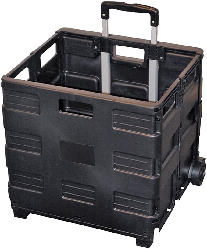 Rolling Foldable Plastic Crate with Telescopic Handle and 3-in. Wheels