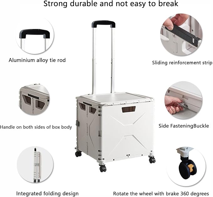 Collapsible Rolling Crate on Wheels for Teachers - Heavy Duty Plastic Teacher Tote Basket with Capacity, Durable Wheels, and Multi-Functional Design for Classroom, Shopping, or Travel (White)