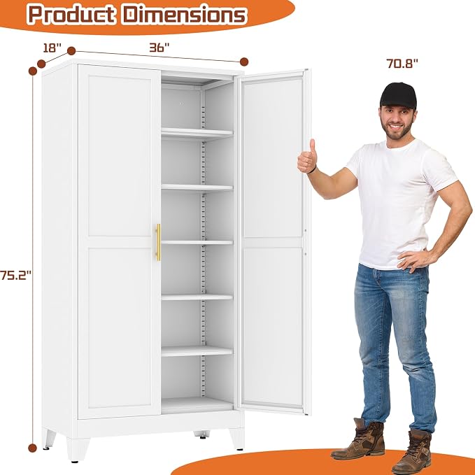 White Metal Storage Cabinet,75" Steel Cabinets for Home Office | Kitchen Pantry Storage Cabinet with Doors and 5 Adjustable Shelves, Tool Cabinets, for Office, Home, Garage, School, 36" W