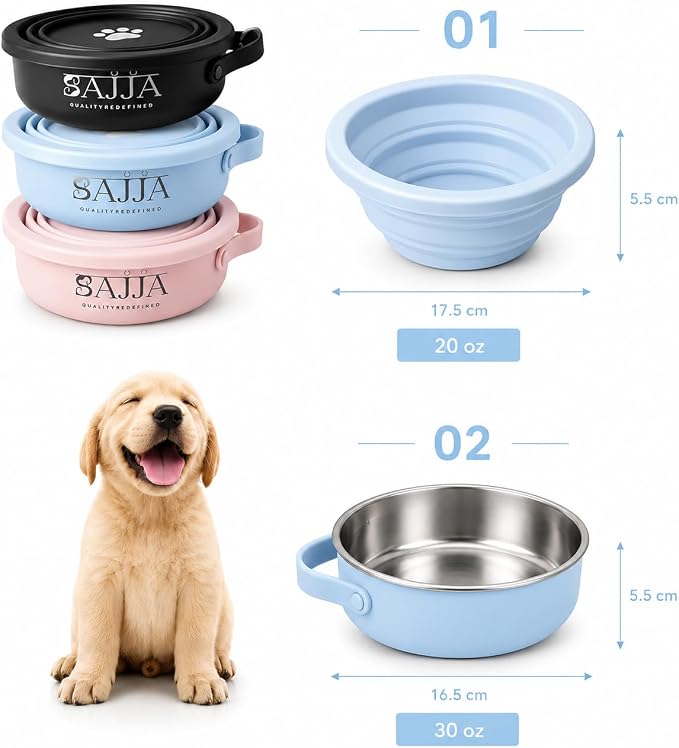 Blue Collapsible Travel Dog Bowl – BPA-Free Silicone & 18/8 Stainless Steel, Portable Non-Slip Food & Water Bowl with Handle, Bottle/Poop Bag Holder – Claim Your