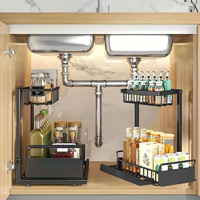 2-Tier Multi-Purpose Under Sink Pull Out Organizer with 4 Hooks, Drawer Style Sink Storage Rack Suitable for Kitchens, Bathrooms and Food Seasoning Bottle Storage Cabinets