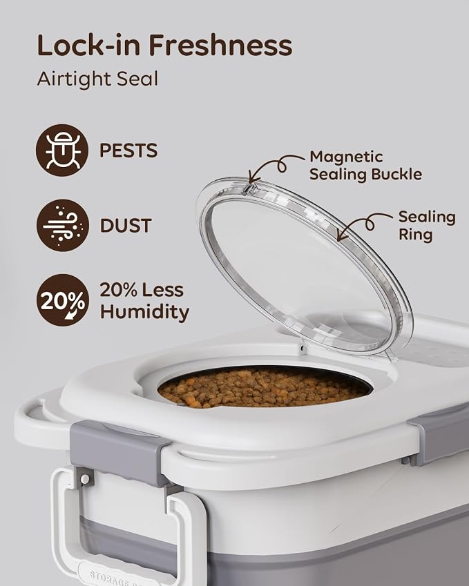 Collapsible Dog Food Container for 10-25 lbs, Airtight Storage Bin | Magnetic Clear Lid with Scoop & Wheels, Space-Saving Design for Dog & Cat Kibble, Rice, Flour,Grey