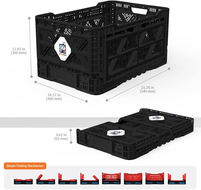 Bigant Heavy Duty Collapsible & Stackable Plastic Milk Crate - Snap Lock Foldable Industrial Garage Storage Bin Container Utility Tote Basket (Black, 1 Medium Crate)
