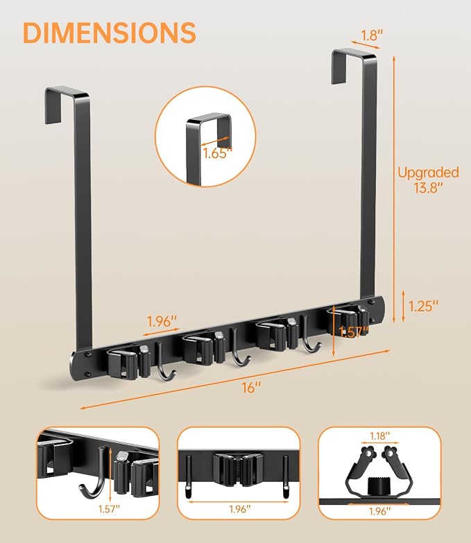 Broom Holder Over The Door with Hooks -304 Stainless Steel (Black) | Save Space, Anti-Rust & Sturdy, Mop and Broom Holder Wall Mounted or Hanging Over The Door, for Garage Laundry Kitchen