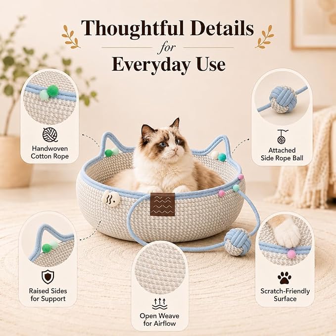 Cat Basket Bed with Cushion and Hanging Ball Toy, Handwoven Cotton Rope Cat Bed Basket, Boho Nesting Pet Bed for Kittens Puppies Scratchable Woven Cat Nest Lounger Sleeping & Playing，F：Small