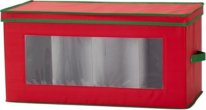 Household Essentials Holiday Figurine Storage Box, Windowed Storage with Lid, 8 Storage Compartments, Double Handles, Red with Green Trim