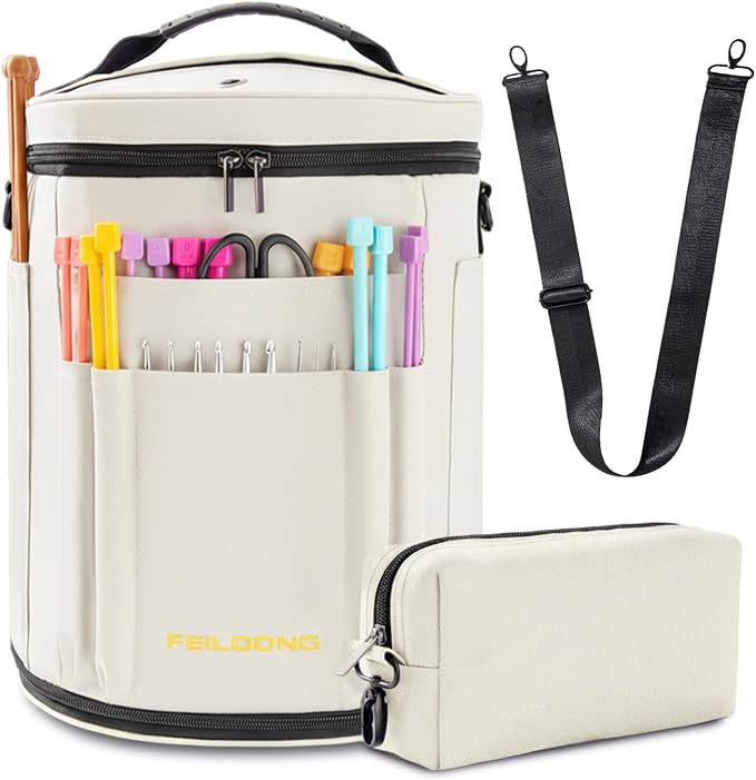 Expandable Crochet Bag Organizer, Yarn Knitting Storage, White | Sturdy Light Yarn Tote, Multiple Pockets and Yarn Holes, with Accessories Pouch shoulder strap, Portable, Gift for Crafters