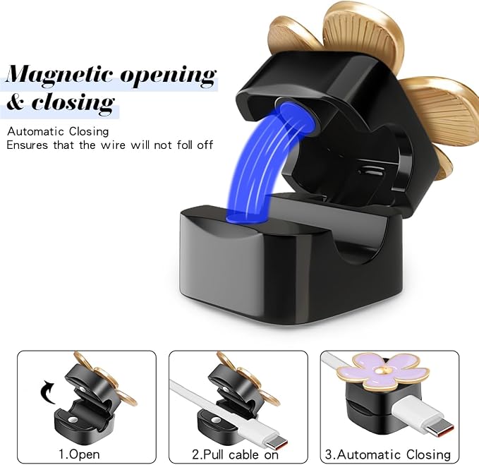 Magnetic Cord Organizer, Easy Secure Adhesive Cable Management, Wire Holder Organizer, Hide Or Organize Phone USB Charger Cable Clips for Home,Office,Car,Desk,Nightstand (Purple Flower-4 Pack)
