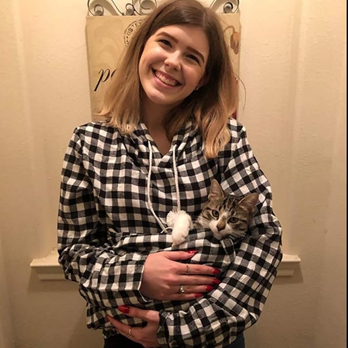 Pet Pouch Hoodie - Cat Dog Holder Sweatshirt Large Pocket Carrier Pullover Tops for Women (Black+White, X-Large)