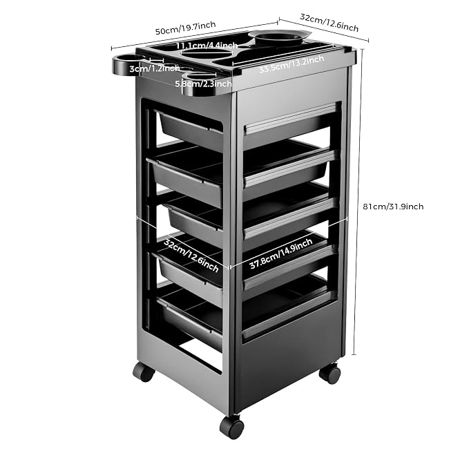 Hair Styling Salon Trolley Cart, Cart Rolling Organizer Mobile Barber Station with 5 Drawers and Dryer Holder for Hair Salons Pet Shops Beauty Salons