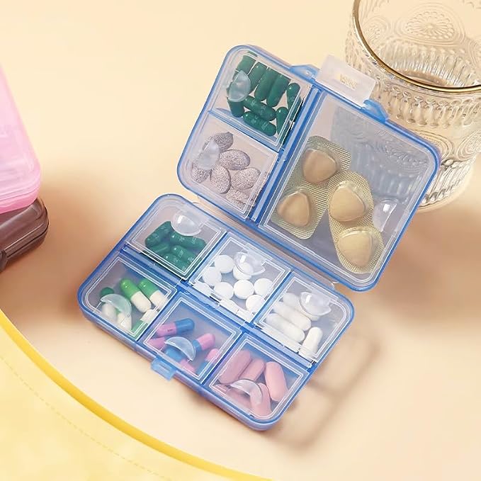 Travel Medicine Pill Organizer, AM PM Daily Pill Box Purse Pocket | Weekly Medication Reminder Planner, Cute Pill Holder Container Portable Compact Vitamin Supplement Capsule Dispenser, Blue