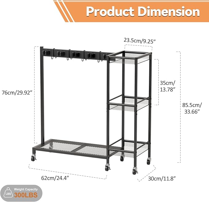 Cleaning Carts on Wheels, Rolling Broom Holder & Cleaning Supplies Organizer with 3-Tier Storage Shelf, Space Saving Janitorial Housekeeping Rack with Hanger for Home & Commercial Use Black