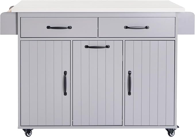51" Rolling Kitchen Island with Storage - Kitchen Island on Wheels with Trash Can and Drop Leaf, Farmhouse Movable Kitchen Storage Islands & Carts with Towel Rack, Spice Rack, Grey