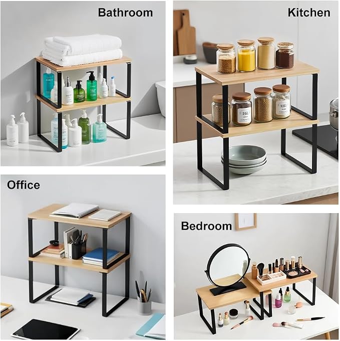 HEY FOLY Kitchen Cabinet Organizer Shelf, Set of 2 Stackable Counter Shelves, Small Wood Cabinet Riser Shelf for Pantry Cupboard Spice Dish Mug Cup, Expandable (Beige & Black, 11.7''W)
