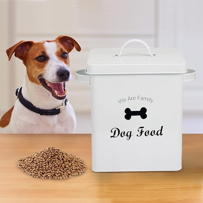 Geyecete Pet Treat and Food Storage Tin with Lid - 5lbs Capacity - Serving Scoop Included … -DOG