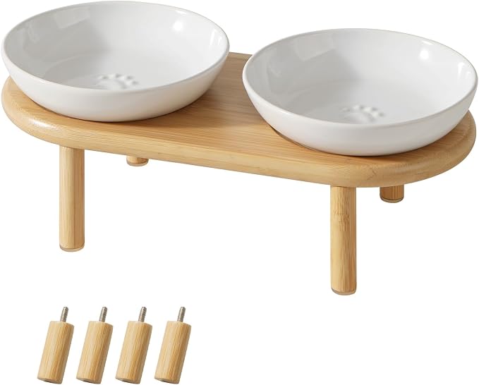 Havniva Elevated Cat Bowls, Ceramic Cat Bowl with Bamboo Stand Wide Opening | 5.7” Raised Cat Food Bowls, Whisker Friendly Cat Dish, Anti-Slip Cat Water Bowls, Shallow Cat Bowls, Cat Food & Water Bowl