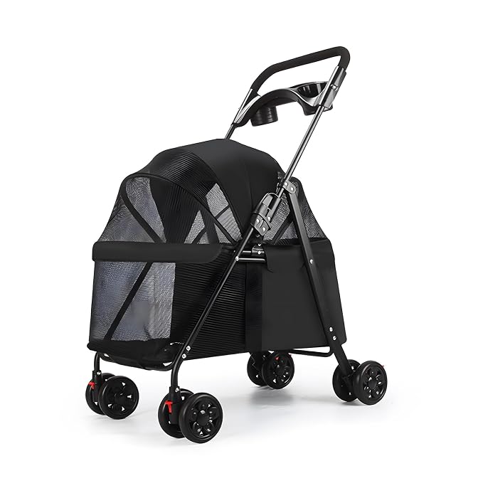 4‑Wheel Foldable Pet Stroller, Travel Strolling Cart for Small & Medium Dog | Breathable Visible Mesh Window, Cup Holder & Storage Basket, Rear Wheel Dual Brake, Portable Folding Design Black