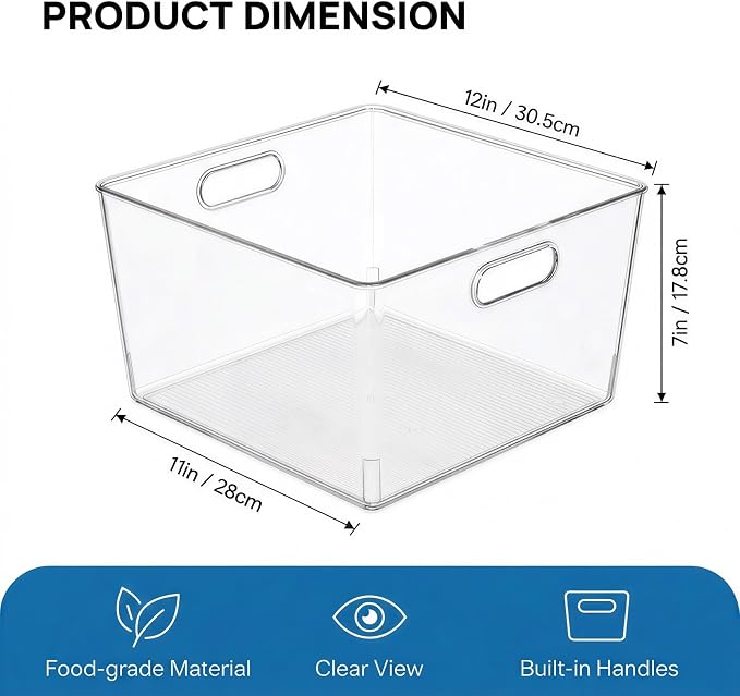 MOONEDGE 4-Pack 12x12x7 Extra Large Clear Plastic Storage Bins with Handles | Cube Acrylic Organizer Square Containers for Pantry,Closet,Kitchen,Bathroom,Laundry,Under-sink,All-In-One Organization