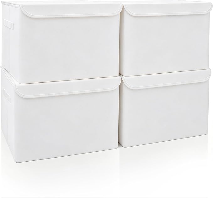 Large 22 Quart Linen Fabric Foldable Storage Bin Cube Organizer Basket with Flip-Top Lid & Handles, Clothes Blanket Box for Home, Office, Closet, White, 4 Pack 14.6 x 9.5 x 9.5”