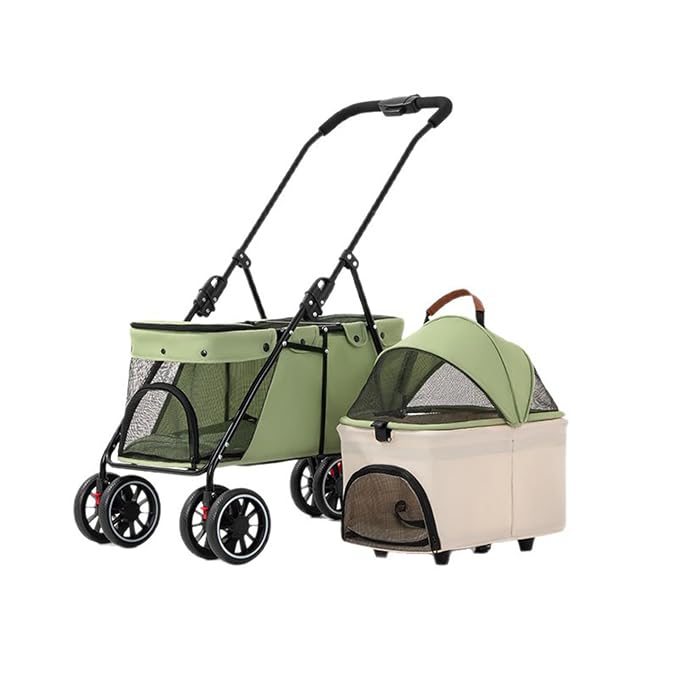 YYW Double Pet Stroller Foldable 2 Carriages Lockable Wheels Green Beige | Travel Strolling Cart, Top Detachable Carrier, Ideal for Multi-Pet Families, Small Dogs & Cats, Outdoor Walks & Vet Visit