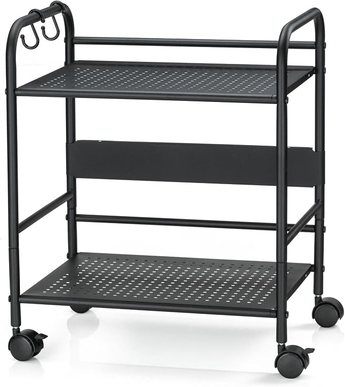 2-Tier Metal Rolling Cart, Compact Under Desk Storage Organizer | 12.2" clearance fits binders and tall bottles, compact mobile shelf with anti-drop guard for home or office. Black.