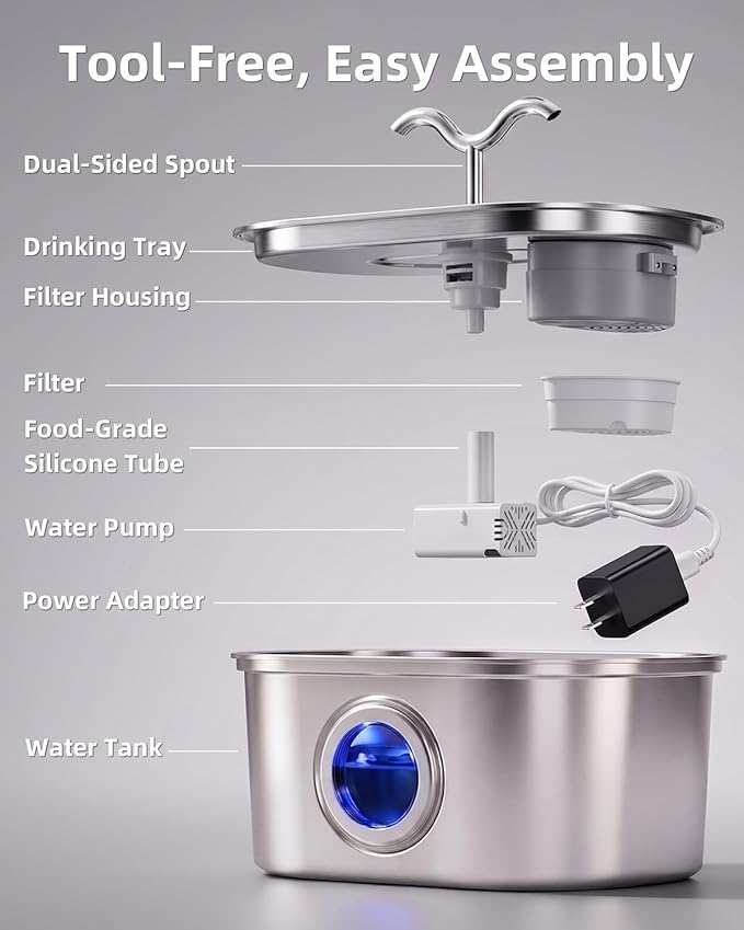 Stainless Steel Cat Water Fountain, 108oz/3.2L Pet Water Fountain for Cats Indoor, with Dual Spouts for Multiple Cats, Ultra-Quiet Automatic Dog Water Dispenser, 3 Replacement Filters Included