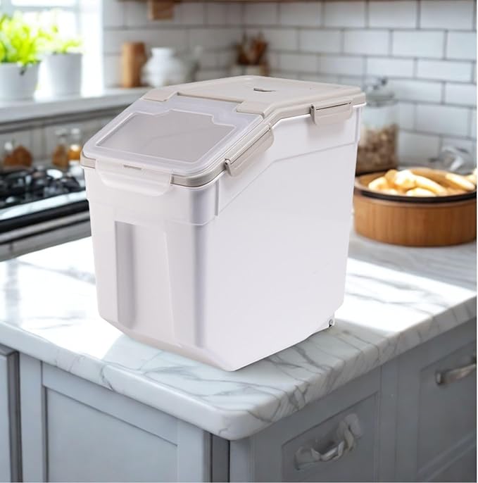 2 Pack Rice Storage Container 25 lbs, Airtight Flour Storage Containers with Lid and Wheels, Measuring Cup & Scoop, BPA Free, Bulk Food Dispenser for Sugar, Grain, Cereal, Dog Food (Grey)