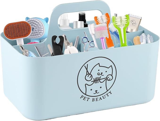 5-Compartment Blue Dog Stuff Storage Caddy, Portable Pet Grooming Organizer with Handle, 9.8" L x 6.1" W x 4.4" H