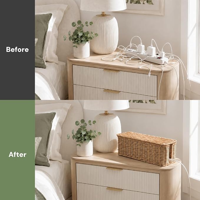 Cable Management Box, Handmade Rattan Cord Organizer for Power Strip | Open Slots Cord Hider for Power Strip, Router & USB Hub, Registered U.S. Design Patent
