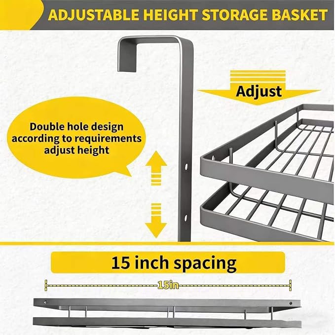 Over Door Tool Organizer, Heavy Duty Utility Rack with 3 Slots, 2 Hooks and 1 Basket, Power Tool & Garden Tool Storage for Garage, Workshop, Warehouse, Fits Brooms and Mops - Grey
