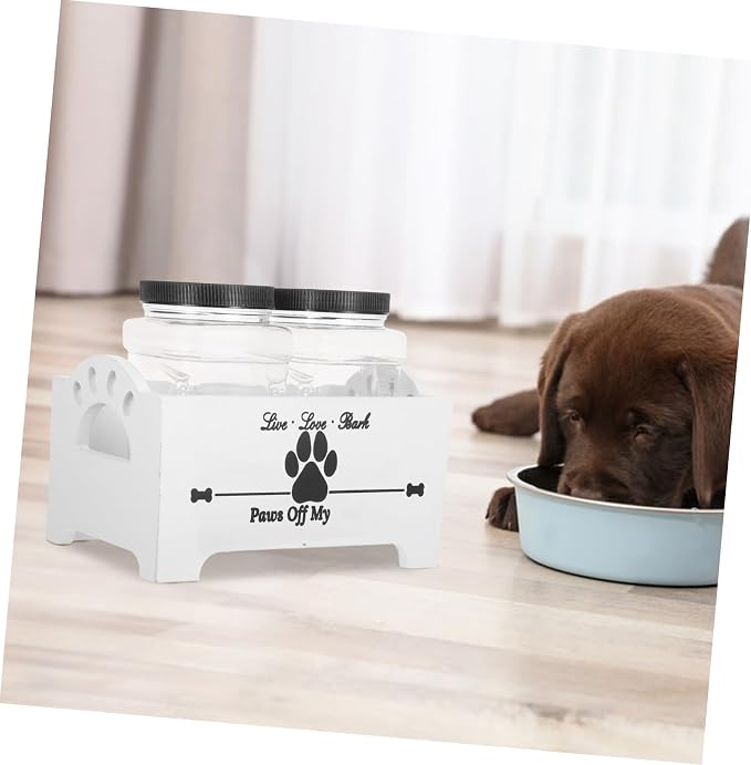 Tofficu Wooden Dog Food Storage Container with Airtight Treat Jars, Household Pet Treat Organizer Box with Dividers, White Wood Crate for Dog Treats and Food Storage