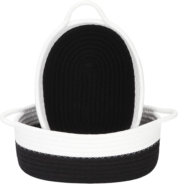 Sea Team 2-Pack Compact Woven Cotton Rope Storage Baskets, Black | Knitted Decorative Organizer Bins with Handles, Portable Oval Containers for Small Items, Keys, Makeup, Jewelry, Trinkets
