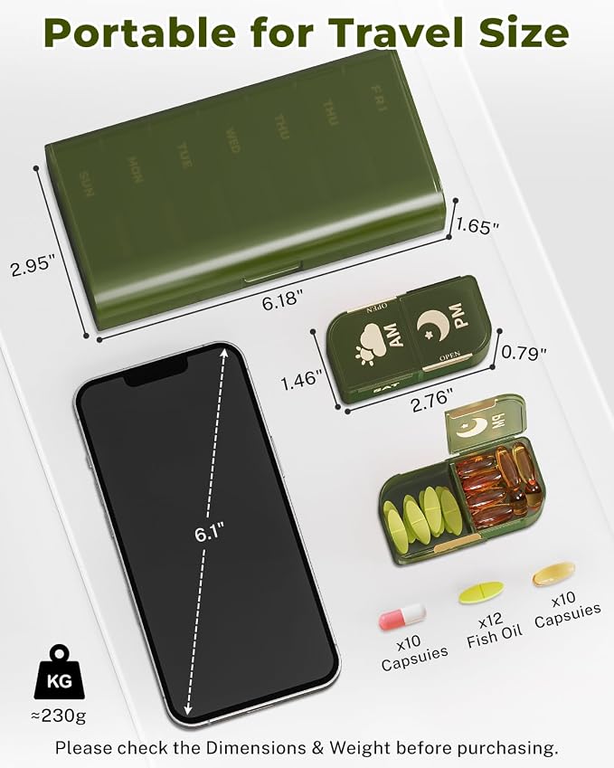 Weekly Pill Organizer 2 Times a Day, 7 Day AM PM Pill Box for Travel | Portable Medication Dispenser with Child-Resistant Latch, BPA-Free, Travel, Office, Pets, Emergency Use (Green)