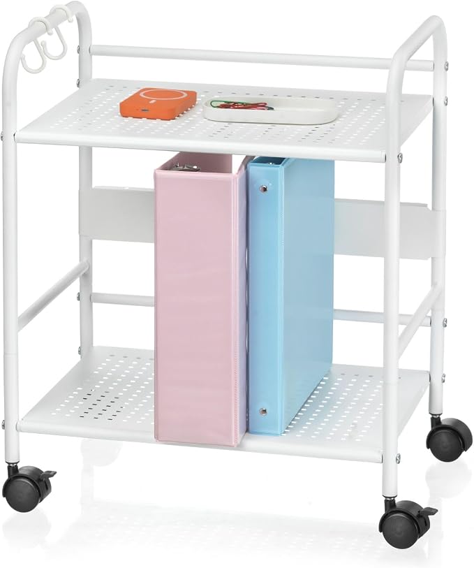 2-Tier Metal Rolling Cart, Compact Under Desk Storage Organizer | 12.2" clearance fits binders and tall bottles, compact mobile shelf with anti-drop guard for home & office. White.